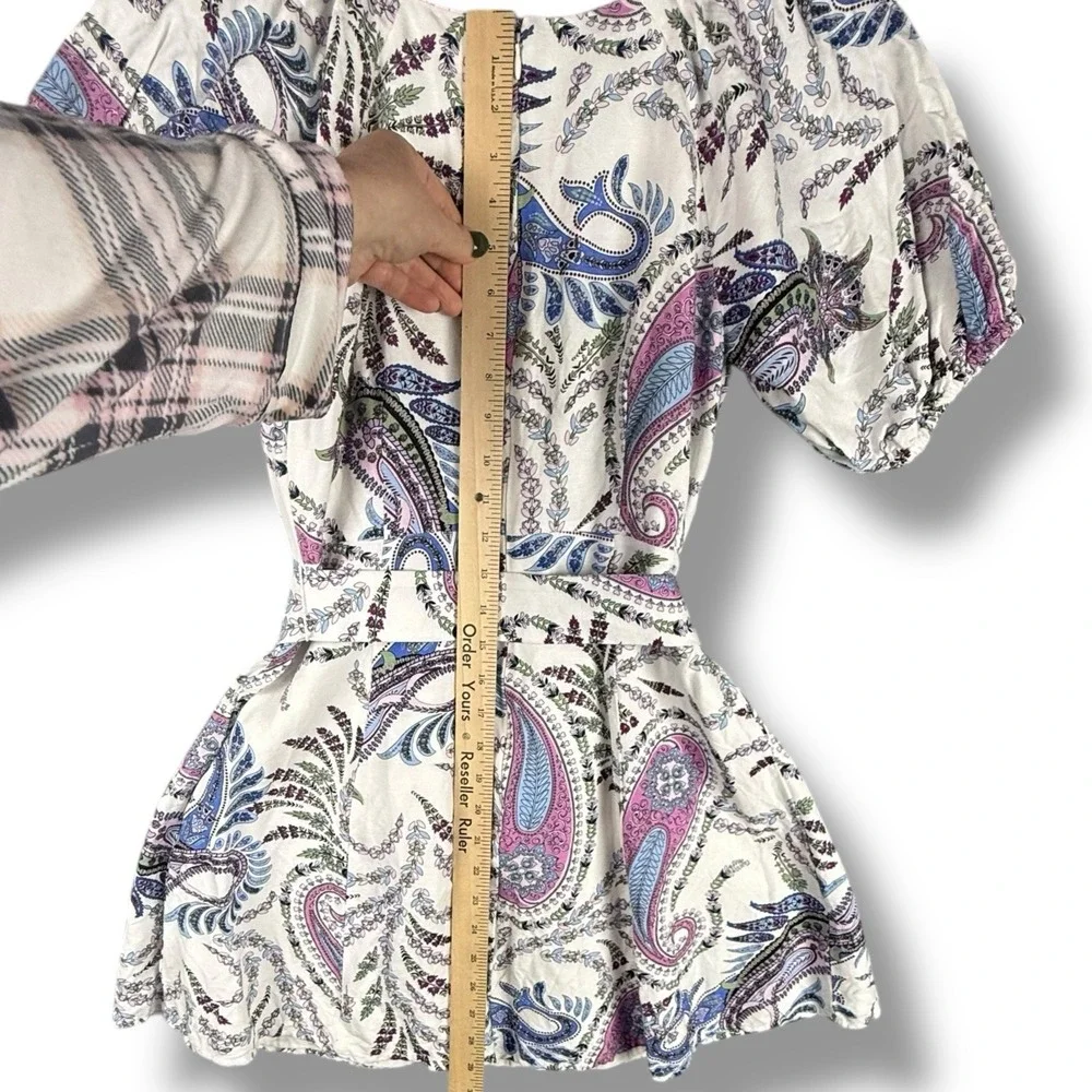 Loft Paisley Linen Blend Belted Puff Sleeve Dress Women's‎ Size 0 Lined V-Neck